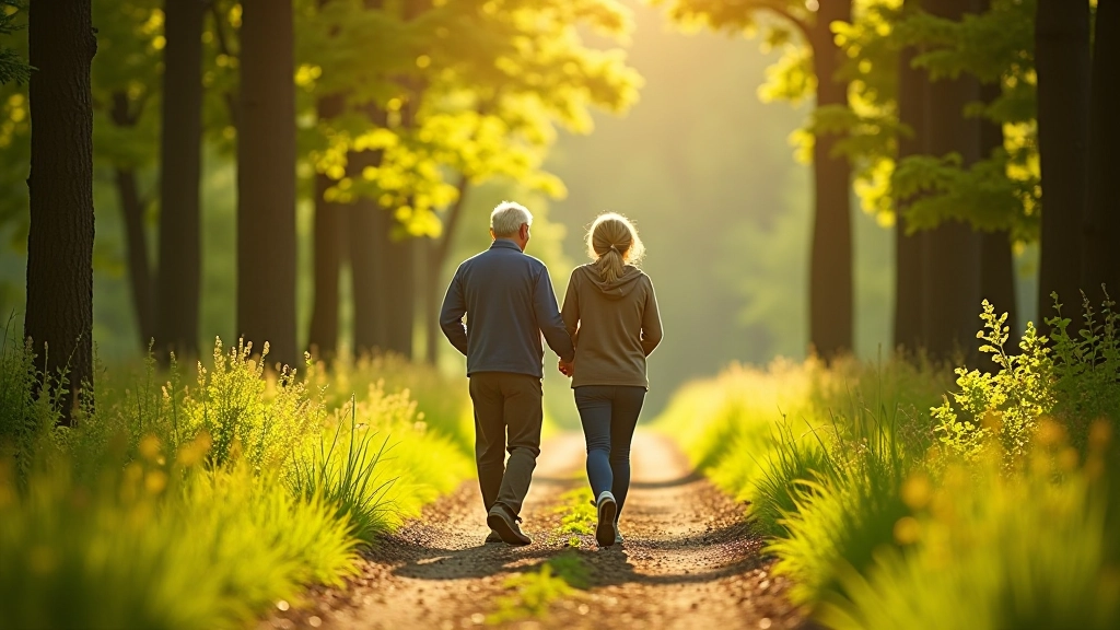 Senjoras ir seniorė žygiuoja per gamtą